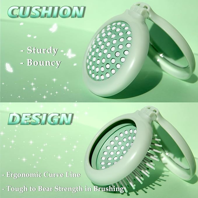 Travel Hair Brush and Mirror Como, Compact Mirror with Mini Hair Brush Set, Folding Hairbrush for Women, Small Hair Comb with Mirror for Purse, Round Green 1 Pack and Peach Green 1 Pack