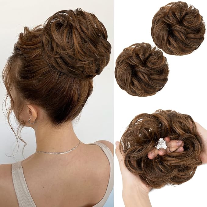 SARLA 2PCS Messy Hair Bun Hair Pieces Wavy Curly Synthetic Updo Fake Scrunchies Ponytail Extension for Women Chocolate