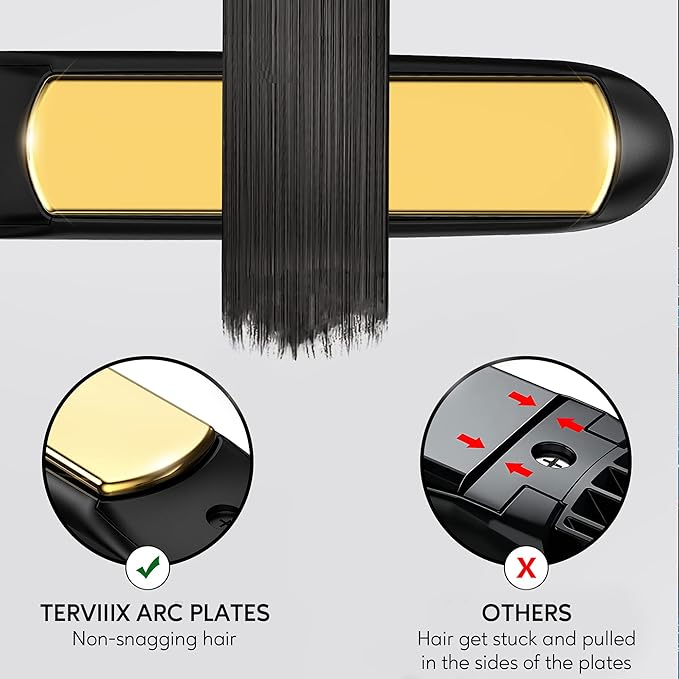 Terviiix 100% Titanium Flat Iron, 24K Salon Professional Hair Straightener and Curler 2 in 1, Non-Snagging Straightening Iron for One Swipe, 15s Ultra Fast Heating, Dual Voltage, Auto Shut Off, 1''
