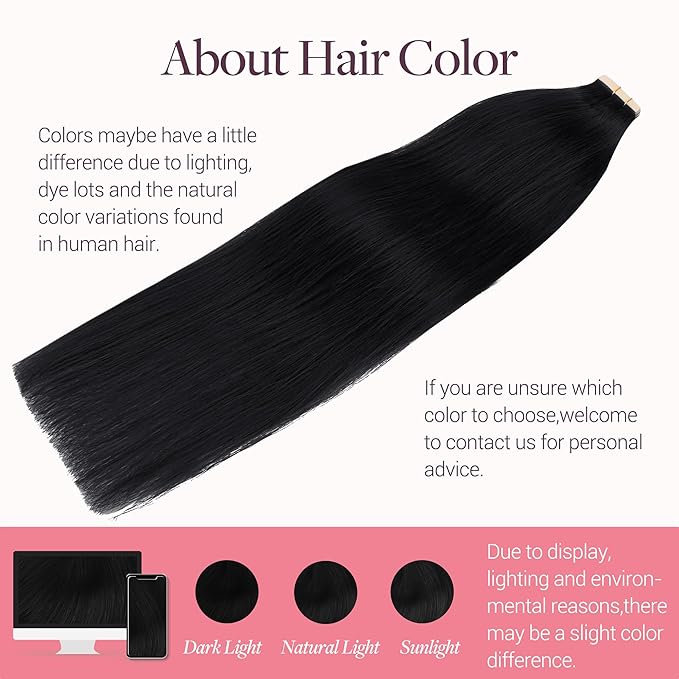 GOO GOO Tape in Hair Extensions Human Hair, 1 Jet black, 22inch 50g 20pcs, Skin Weft Seamless Invisible, Silky Straight with Thick Ends, Remy Human Hair