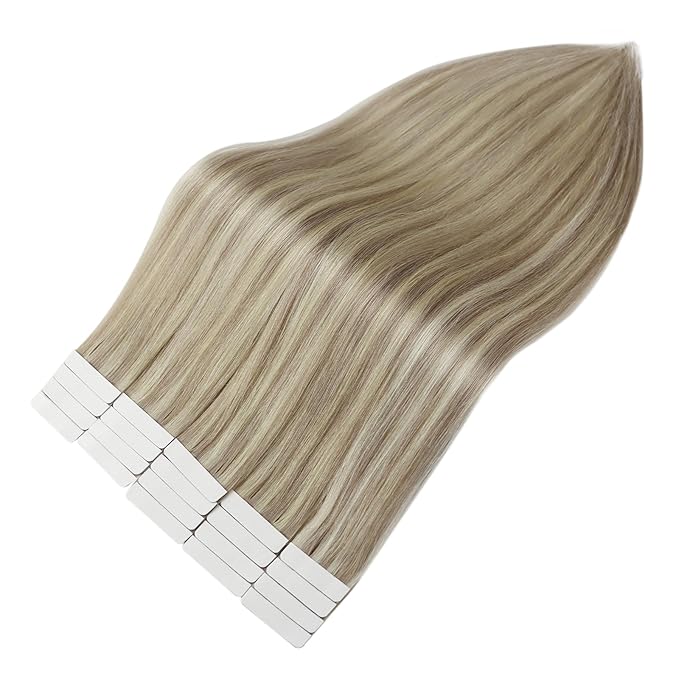 Full Shine Tape in Hair Extensions Human Hair Ash Blonde Highlighted Platinum Blonde 14 Inch Tape in Hair Extensions Invisible Seamless Skin Weft Real Remy Human Hair 50G 20pcs for Wedding