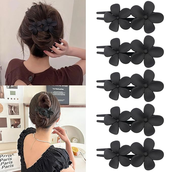 5PCS Black Flower Flat Hair Clips for Women - Mdscve French Flat Hair Claw Matte Hair Clips Flat Claw Clips for Thick Hair Non-Slip Cute Duck Billed for Girls