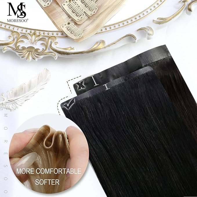 Moresoo Seamless Hair Extensions Clip in Black Clip in Extensions Real Human Hair Black Natural #1B Pure Skin Invisible for Women Long 120g/7pcs 16in