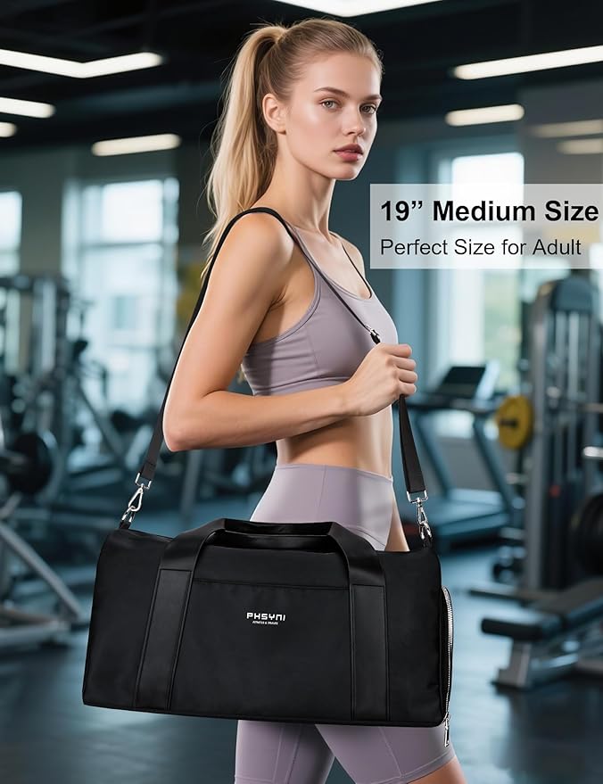 Gym Bag for Women with Shoe Compartment & Wet Pocket - Duffle Bag for Travel Sports Fitness Workout Athletic, 19“-Medium, Black