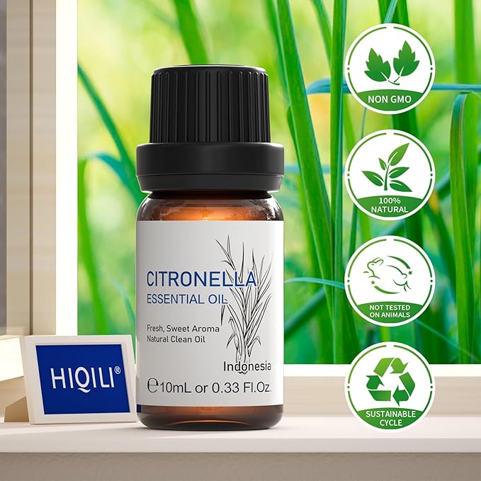 HIQILI 0.33 Fl Oz Citronella Oil for Homemade Sprays, Add to Diffuser, 100% Pure and Natural Undiluted, Portable - 10ml