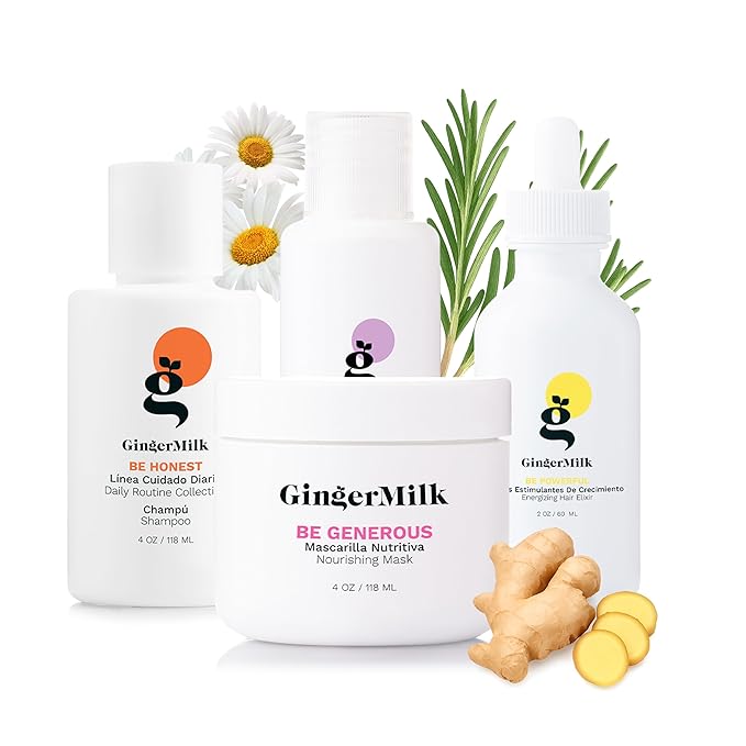 GINGER MILK Hair Growth Travel Kit | Stimulates, Hydrates & Nourishes with Ginger, Rosemary & Biotin | Includes Shampoo, Hair Mask, Heat & Sun Protector, Dropper Serum & Free Travel Bag