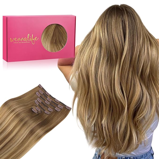 WENNALIFE Clip in Hair Extensions Real Human Hair, 20 Inch 120g 7pcs Human Hair Extensions Clip In Human Hair, Balayage Chestnut Brown Mixed Dirty Blonde Hair Extensions Clip In Real Hair Remy Human