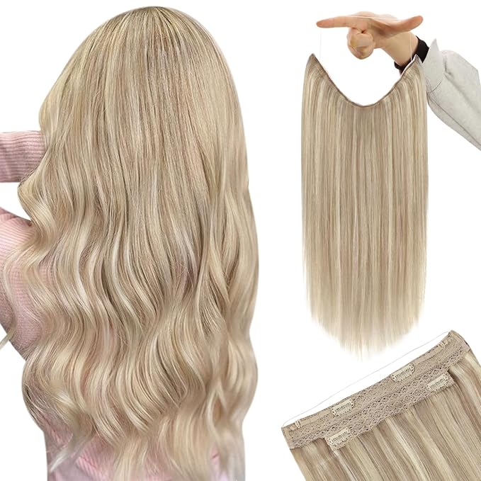 YoungSee 130g Wire Hair Extensions Ash Blonde Highlights Bleach Blonde Human Hair Wire Extensions Blend Naturally Fish Line Hair Extensions Real Human Hair 20Inch