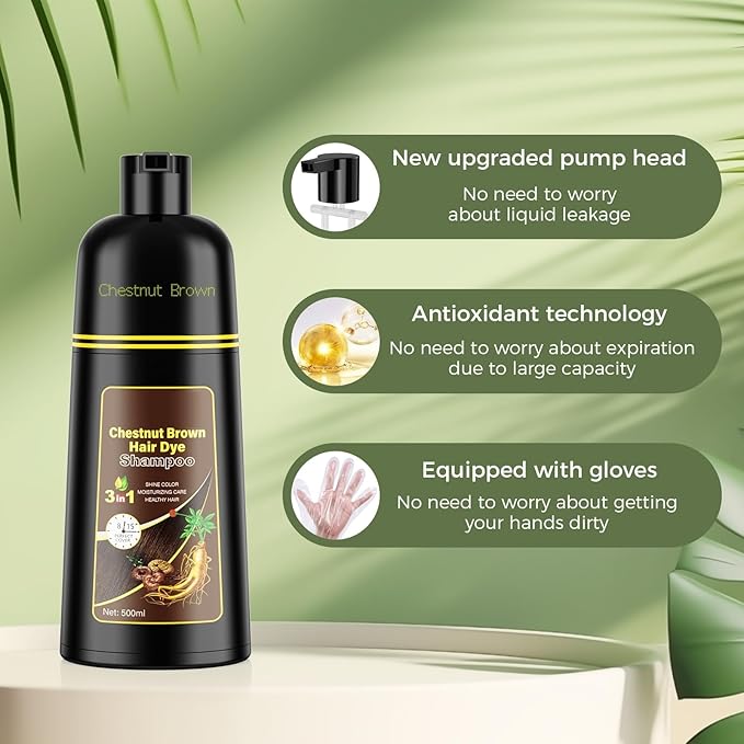JUANCHI Chestnut Brown Hair Dye Shampoo 3 in1, Chestnut Brown Shampoo Hair Dye for Gray Coverage, Natural Hair Color for Women Men, Herbal Formula, Ammonia-free, Lasts 30 Days, 500ml (16.90 oz)