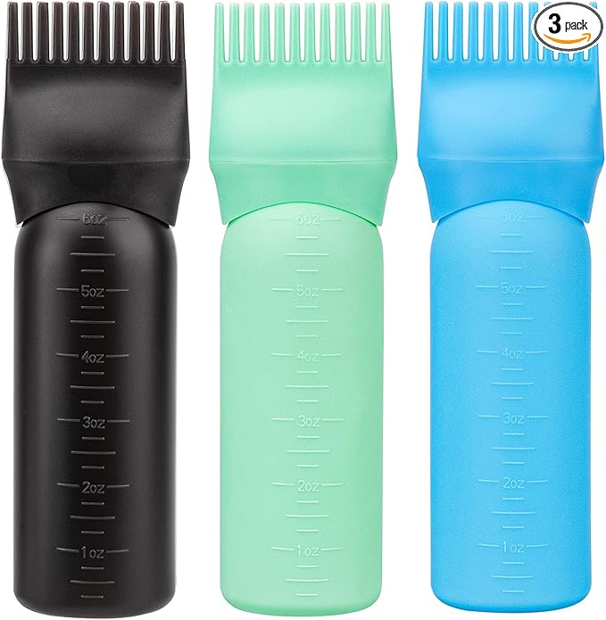 Cosywell 3 Pack Hair Oil Applicator Bottle 6 Ounce Root Comb Applicator Bottle Hair Dye Applicator Brush for Hair Root Comb Color with Graduated Scale(Black Blue Green)