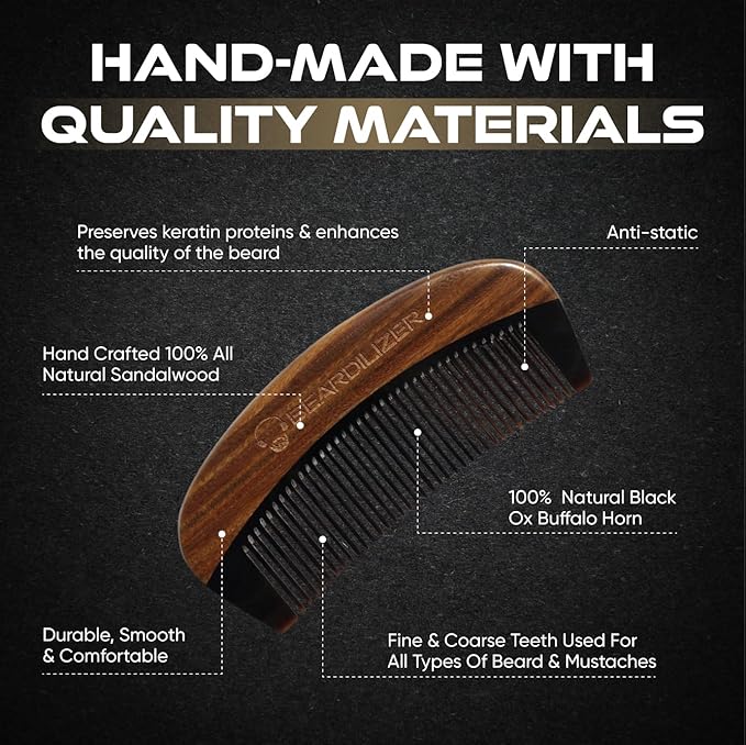 Beardilizer Premium Beard Comb for Men - 100% Natural Black Ox Buffalo Horn & Sandalwood Handle with Carrying Pouch, Professional Anti-Static Fine and Coarse Teeth