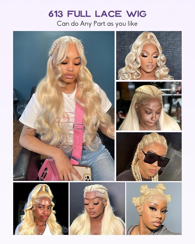 Real Full Lace Human Hair Wigs 613 Lace Front Wig Human Hair 180 Density Body Wave HD Full Lace Blonde Wig Plucked Bleached Knots Breathable Full Scalp Wig for Women 20Inch