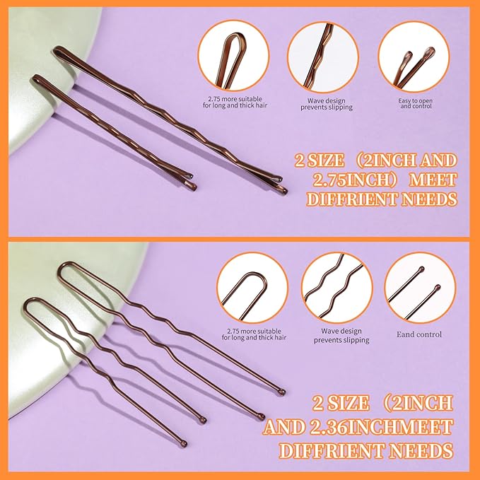 Teenitor 300pcs Bobby Pins Hair Pins Kit, 100 Hair Pin for Women 100 Bobby Pins Brown and 100 Hair Bands, Hair Pins for Buns 2inch 2.36inch 2.75inch