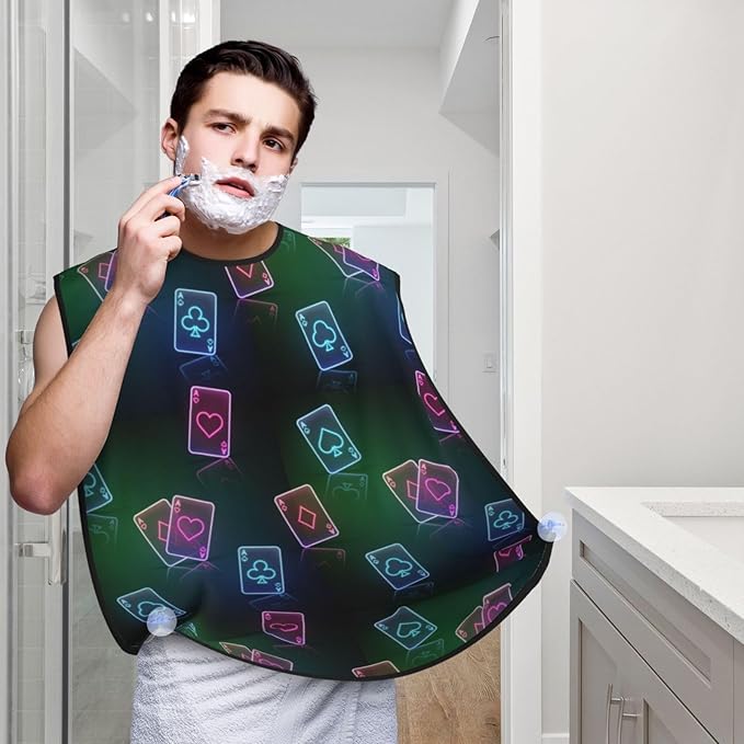 Non-Stick Beard Shaving Bib, Hair Catcher Apron with Suction Cups, Waterproof Grooming Tool for Men Husband, Ace of Poker Card Style Neon Black Shave Bib