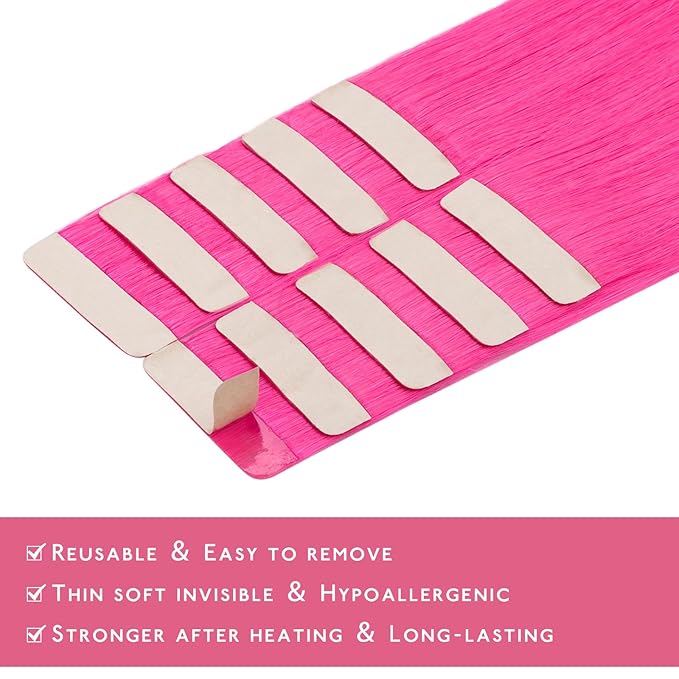 WENNALIFE Tape in Hair Extensions Human Hair Hot Pink Tape in Extensions, 10pcs 30g 20 inch Remy Invisible Tape Ins Straight Colored Soft Real Human Hair Tape in Extensions Refill Set Extensions