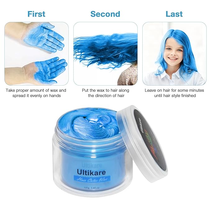 Temporary Hair Color for Kids, Ultikare Blue Hair Dye Natural Styling Wax Color Instant Mud Cream Gel 3.4 Fl Oz Girl Gifts, Party, Cosplay DIY, Children's Day