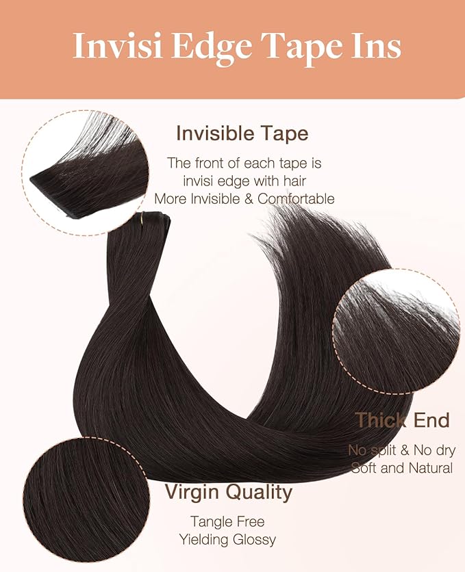 GOO GOO Invisi Edge Tape in Hair Extensions Human Hair, 2 Dark Brown, 6pcs 18inch 15g, Virgin Remy Hair, Seamless Injected Tape, Natural Look