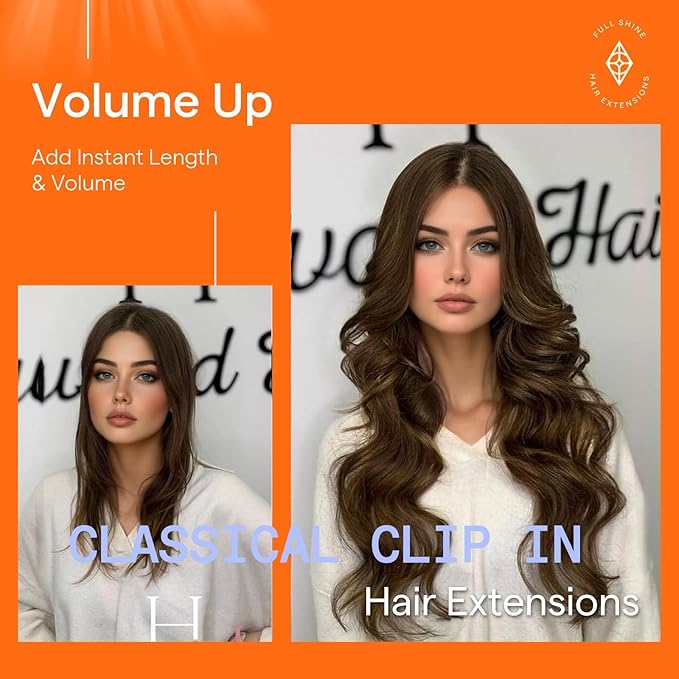 Full Shine Brown Hair Clip in Extensions Real Human Hair Medium Brown Invisible Clip in Hair Extensions Triple Weft Straight Thick Ends 16 Inch 7 Pcs 120 G