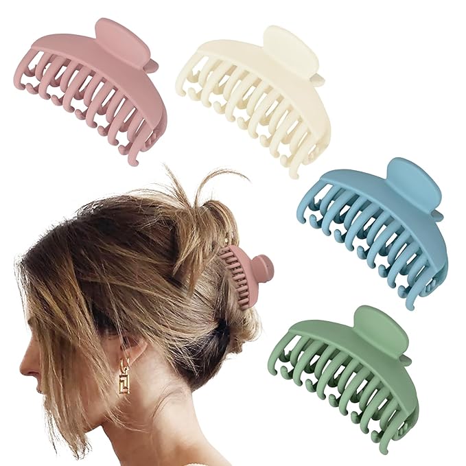 DEEKA 4 PCS 2.5 Inch Hair Claw Clips Double Row Teeth Matte Hair Jaw Clips Hair Barrettes Thick Medium Thin Hair Clips for Women (Beige,Blue,Pink,Green)
