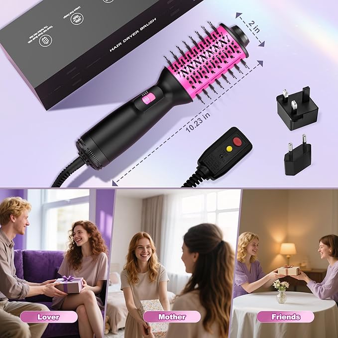 Dual Voltage Travel Hair Dryer Brush (100V-240V), Automatic Hot Air Brush with EU&UK Plug, 2 Inch Oval Barrel One Step Blow Dryer Brush and Negative Ion Anti-frizz Styling Brush