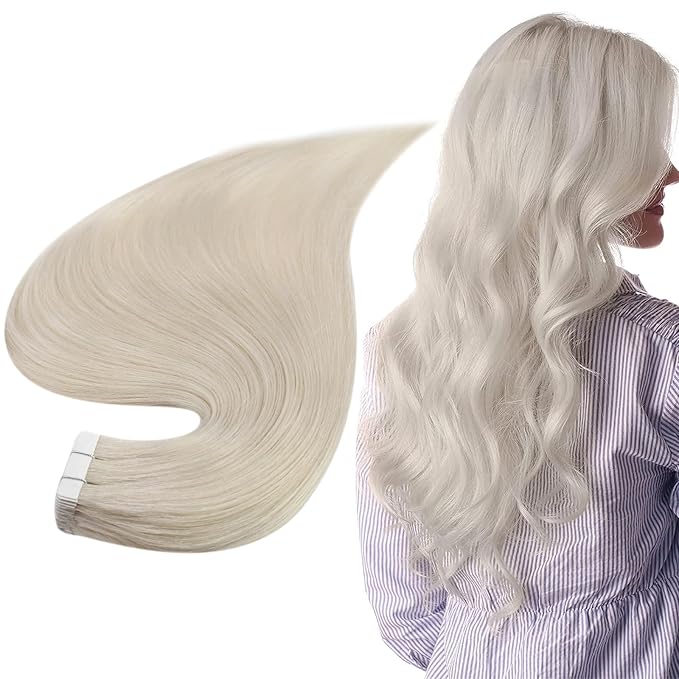 Full Shine Tape in Hair Extensions 20 Inch Color 1000 White Blonde Hair Extensions Real Human Hair Double Sided Tape ins Adhesive 20Pcs 50Grams Long Straight Natural