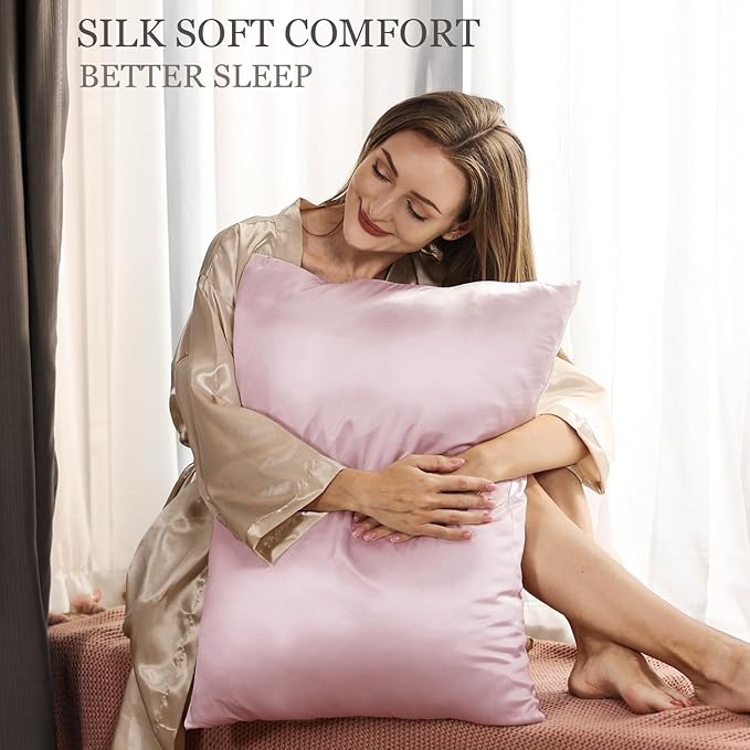 Adubor Silk Pillowcase for Hair and Skin with Hidden Zipper, Both Sides 23 Momme Silk Pillow Case, Queen Size 20×30 inches, Pink, 2PCS