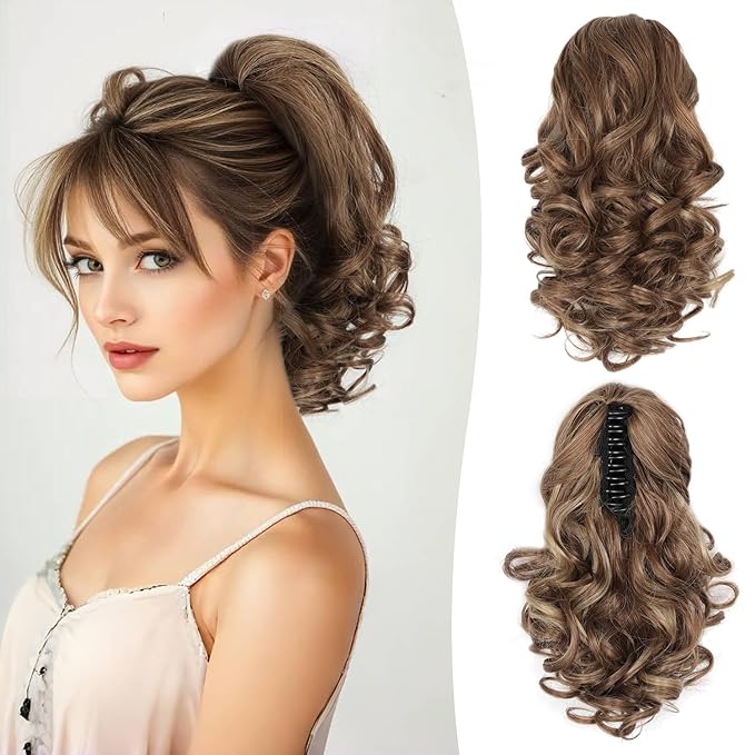 12 Inch Ponytail Extension - Clip in Ponytail Hair Extensions, Curly Wavy Pony Tails Hair Extensions, Synthetic Claw Clip Ponytail Extension for Women (Color: Light Brown With Blonde Highlights)