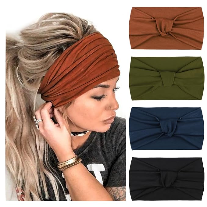 DRESHOW 4 Pack Turban Headbands for Women Wide Vintage Head Wraps Knotted Cute Hair Band Accessories