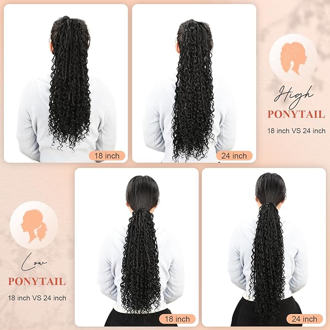 Drawstring Ponytail for Women 24 inch Boho Box Braids with Long Wavy Hair Clip in Ponytail Extension Synthetic Hair Extensions Ponytail for Daily Use (T1B/Bug#, 24 Inch)