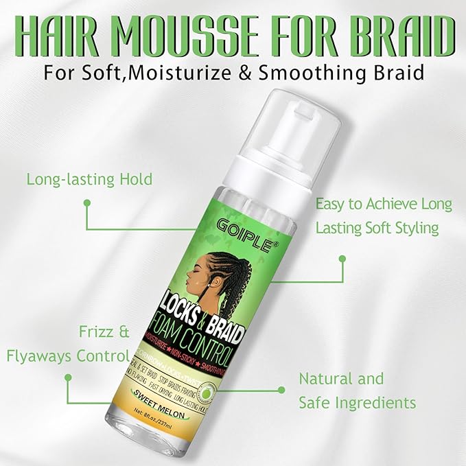 Goiple Braid Mousse, 8 fl oz for Braids Twist, Locs - Long-Lasting Hold, Frizz Control, High Shine and Moisturizes, Sugar Melon Fragrance