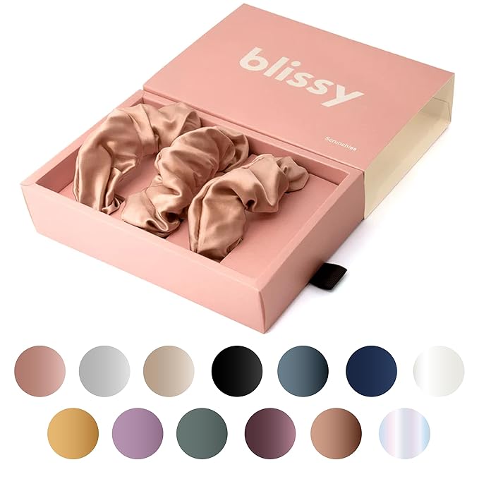 Blissy Silk Scrunchies (3 Pack) - 100% Pure Mulberry Silk - 22 Momme 6A High-Grade Fibers Scrunchie for Straight & Curly Hair - Preventing Breakage, Tangling, & Creasing (Rose Skinny)