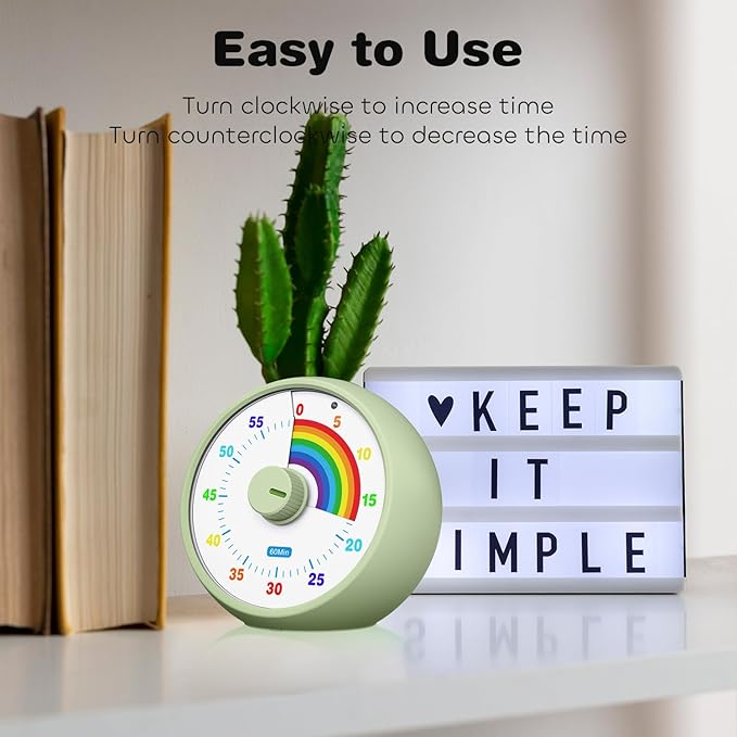 Visual Timer for Kids, 60-Minute Countdown Timer for Classroom Office Kitchen, Desk Timer Kids Time Management Tools with Silent Operation, Pomodoro Time Rainbow Pattern (Grass Green)
