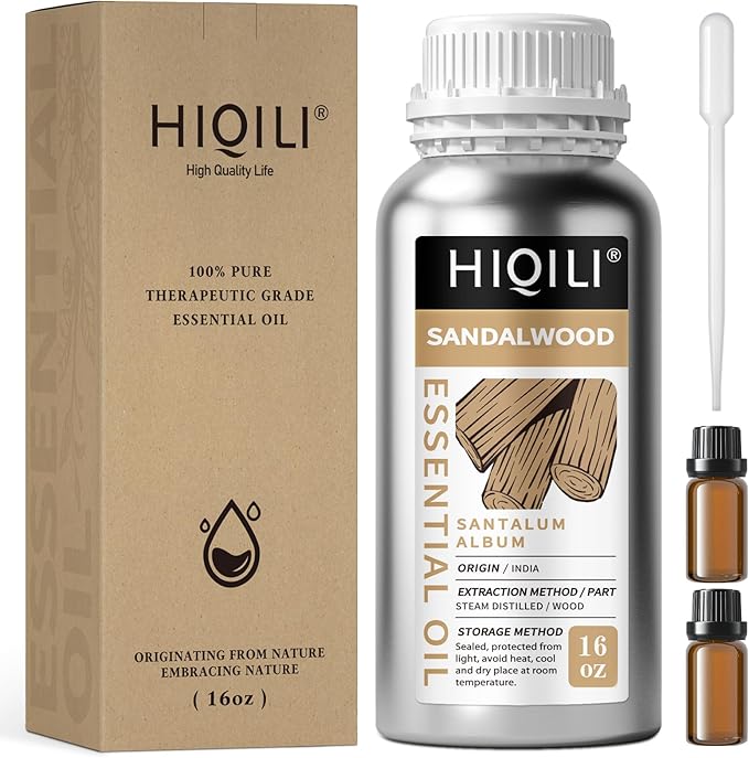 HIQILI Sandalwood Essential Oils, Long-Lasting Scent for Perfume, Diffuser, Soap Making & Candle- 16 Fl Oz