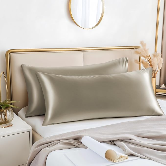 BEDELITE Satin Body Pillow Cover 2 Pack, Super Soft and Cooling Body Pillow Pillowcase for Hair and Skin, Breathable Silky Full Long Pillowcase Cover(20"x54", Taupe)