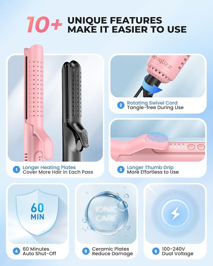 Airflow Styler Curling Iron, Hair Straightener and Curler 2 in 1 with 360°Cooling Vents Dual Voltage Adjustable Temp, Rose Pink