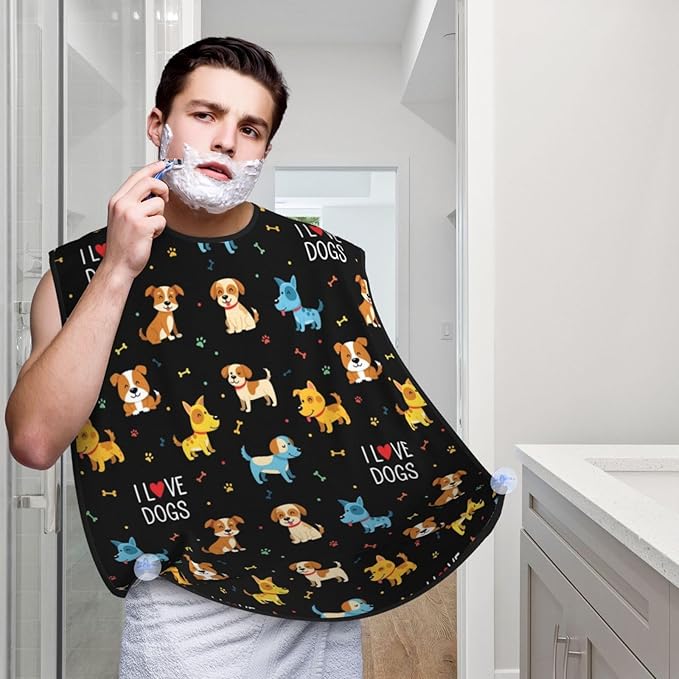 Beard Bib with 3 Suction Cups, Non-Stick Waterproof Hair Catcher Apron, Men's Shaving Essential for Grooming, Doodle Pets Dog Black Shave Bib
