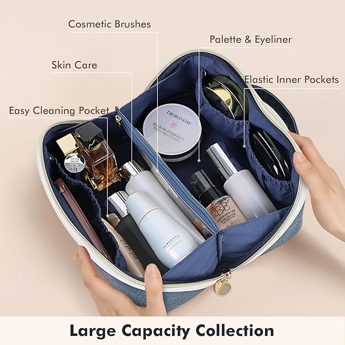 Prite Travel Cosmetic Bag Makeup Organizer Bag For Women Large Capacity Waterproof PU Leather Toiletry Bag with Handle and Clear Divider(Blue Flower)