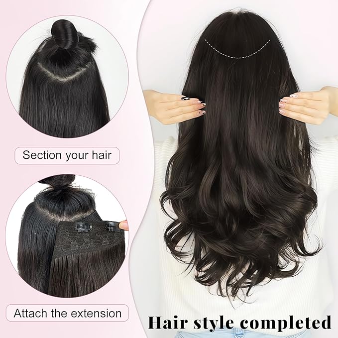 ALXNAN Clip in Hair Extensions,Dark Brown Long Wavy Hair Extensions Soft Synthetic Thick Hairpieces for Women 20 Inch