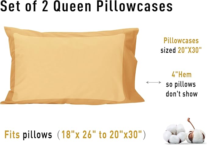 Sunflower Queen Pillowcases Set of 2, 100% Cotton Queen Size Pillow Cases 2, 20×30 inches Retro Yellow, Soft and Breathable
