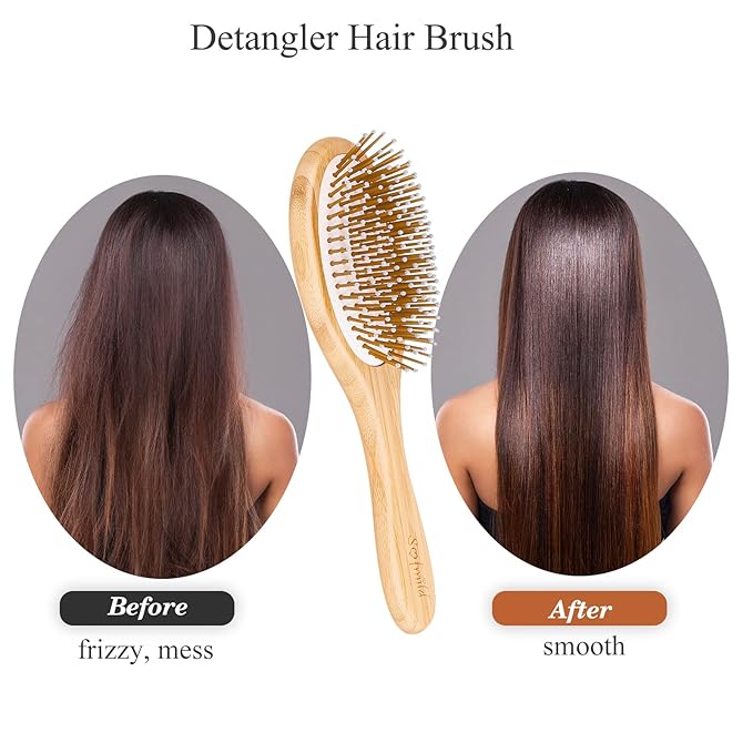 Sofmild Bamboo Wooden Paddle Hair Brush Comb Set, Hairbrushes for Women Men Kid Detangling Hair Massaging Scalp with Round Tip Bristles for All Hairstyles (Pink Wooden)