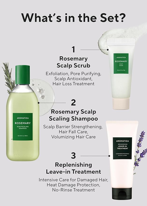 AROMATICA Rosemary Hair Care Gift Set - Shampoo for Hair Growth & Heat Protection, Leave-in Treatment & Scalp Treatment - Hair Care Kit for Women, Sulfate/Paraben Free For Men And Women