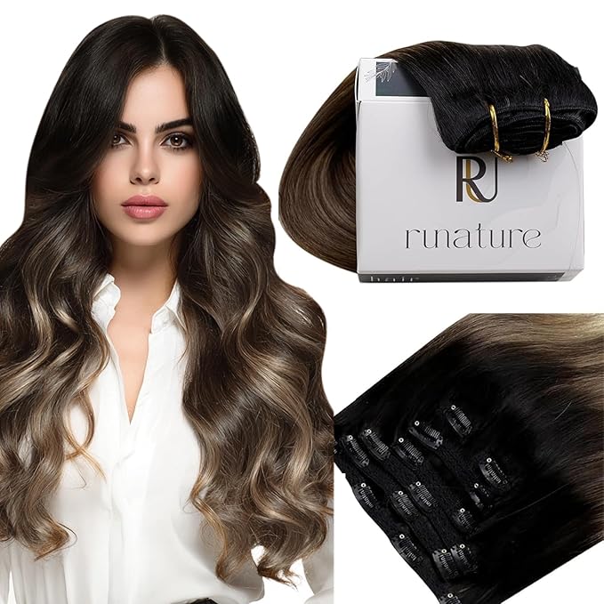 RUNATURE Balayage Clip in Hair Extensions, Real Human Hair Extensions Clip Ins, Black Rooted Natural Hair Extensions for Women, Thick Remy Hair, 14 Inch 70g 7pcs, #1B/6/27 Black Ombre to Blonde