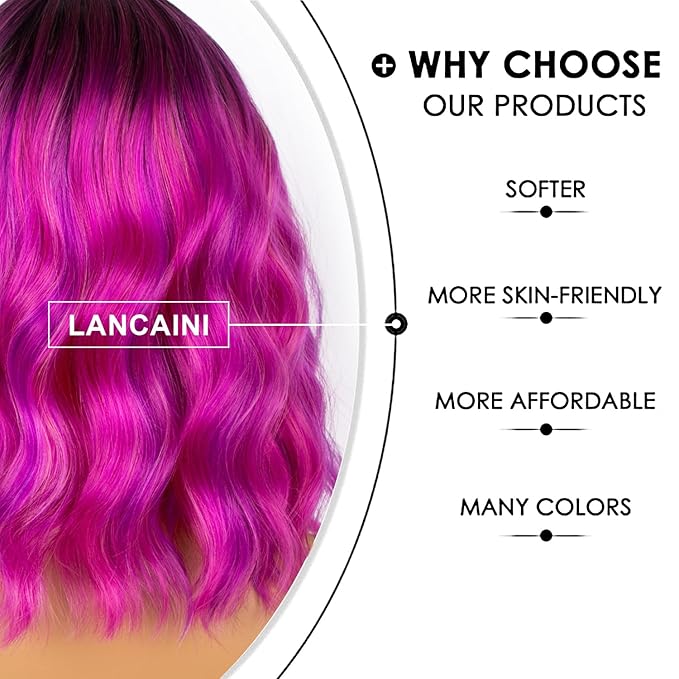 Colourful Short Bob Wigs with Bangs for Women Loose Wavy Wig Curly Wavy Shoulder Length Bob Synthetic Cosplay Wig for Girl Colorful Costume Wigs, Black-Rose mixed Purple
