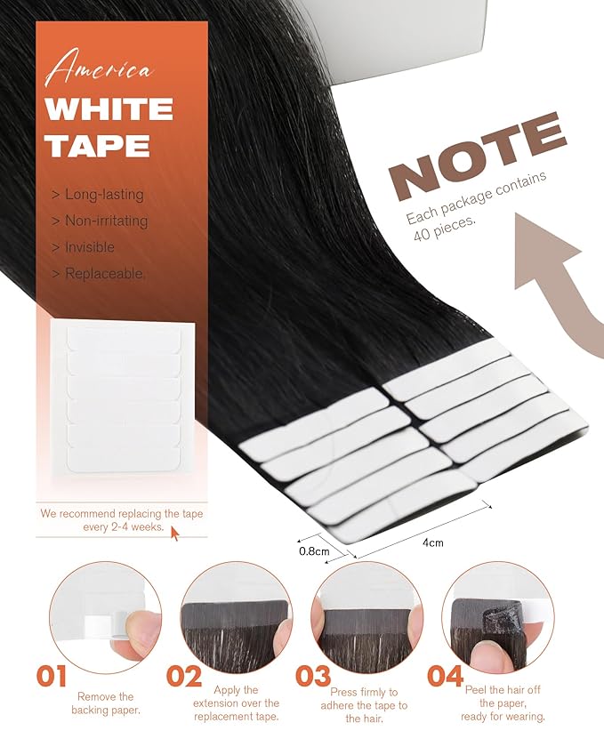 Sunny Hair Tape in Hair Extensions Human Hair 20inch Hair Extensions Real Human Hair Tape in Extensions for Women Jet Black Invisible Remy Hair Natural Straight Skin Weft Double Sided Tape 40pcs 100g