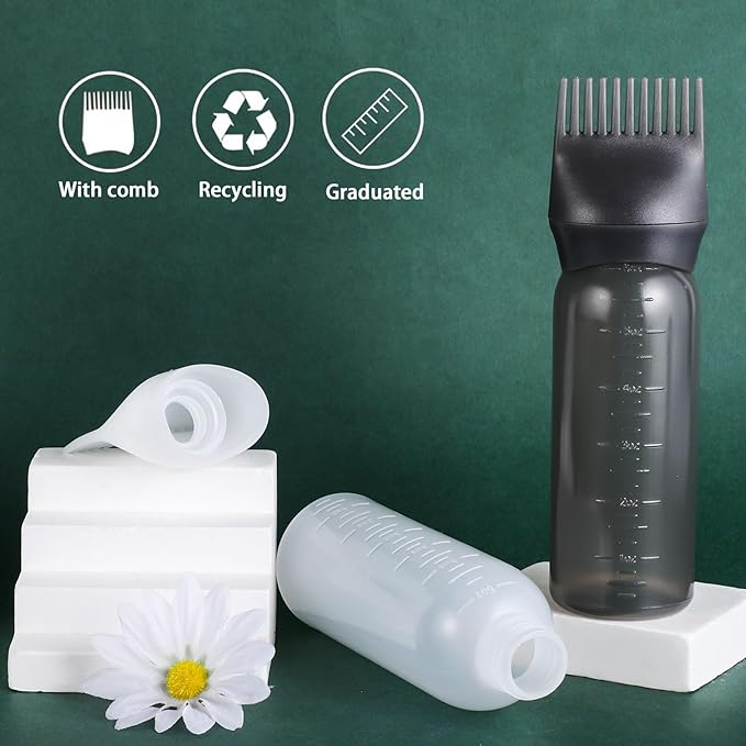 Pimoys Root Comb Applicator Bottle 6 Ounce, Oil Applicator for Hair Dye, Hair Oiling Bottle Brush with Graduated Scale, Black