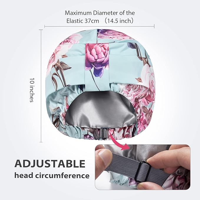 INNELO Luxury Shower Cap for Women Reusable Waterproof, Double Layered Shower Hair Cap with Adjustable Elastic Strap, Large Satin Lined Shower Bath Cap for Long Curly Straight Hair, Green-Flower