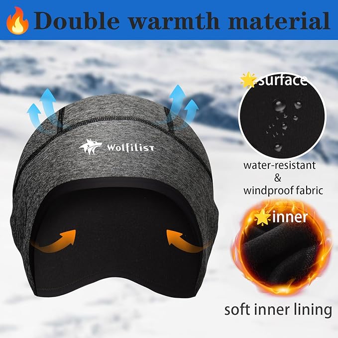 Skull Cap Helmet Liner for Men Women Hard Hat Liner Winter Cycling Cap Under Helmet Thermal Fleece Beanie