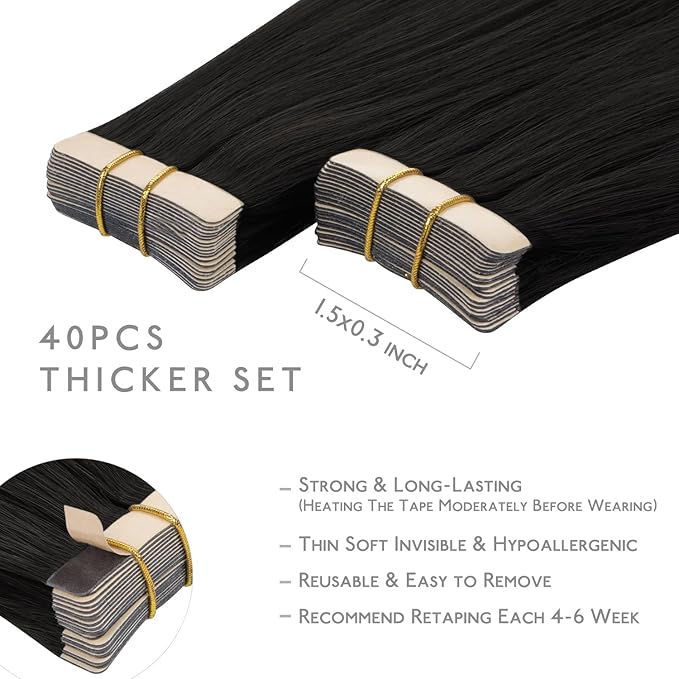 Wennalife Tape in Hair Extensions Human Hair,40pcs 100g 22 inch Natural Black Hair Extensions Real Human Hair Straight Tape in Extensions Invisible Human Hair Extensions Reusable Real Hair Extensions