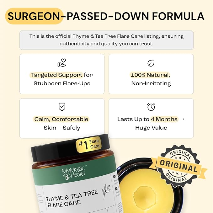 MyMagicHealer Thyme & Tea Tree Flare Care | Ingrown Hair, Razor Bumps, Blind Pimples, Bartholin, Pilonidal Cysts | Folliculitis Cure | Piercing Care w/Egg Yolk Extract & Tea Tree 4 oz