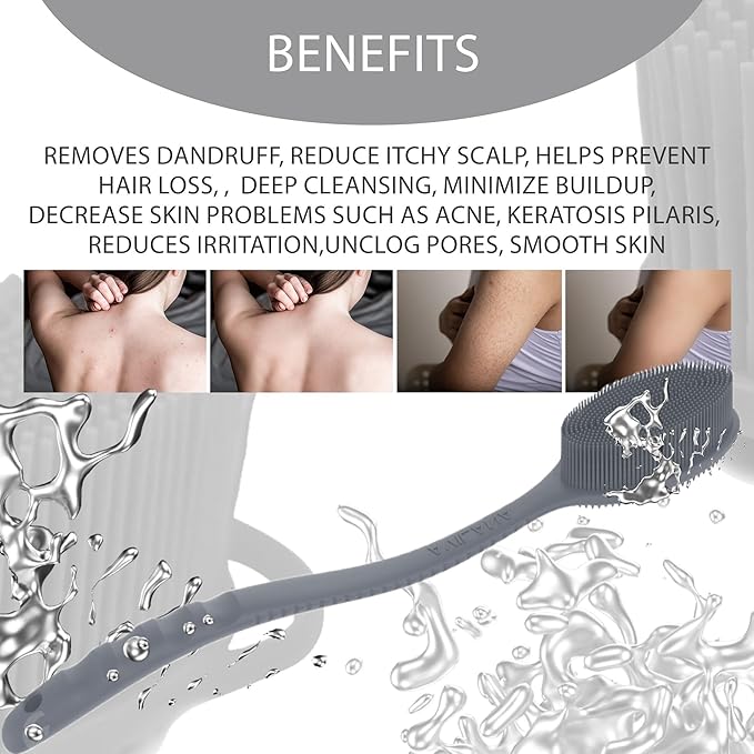 Silver Infused Long Handle Back Scrubber - 19 inch Premium Extended Reach Body Brush - Avilana Advanced Material Bath Tool Easy Grip - Luxury Body Wash Brush Gift